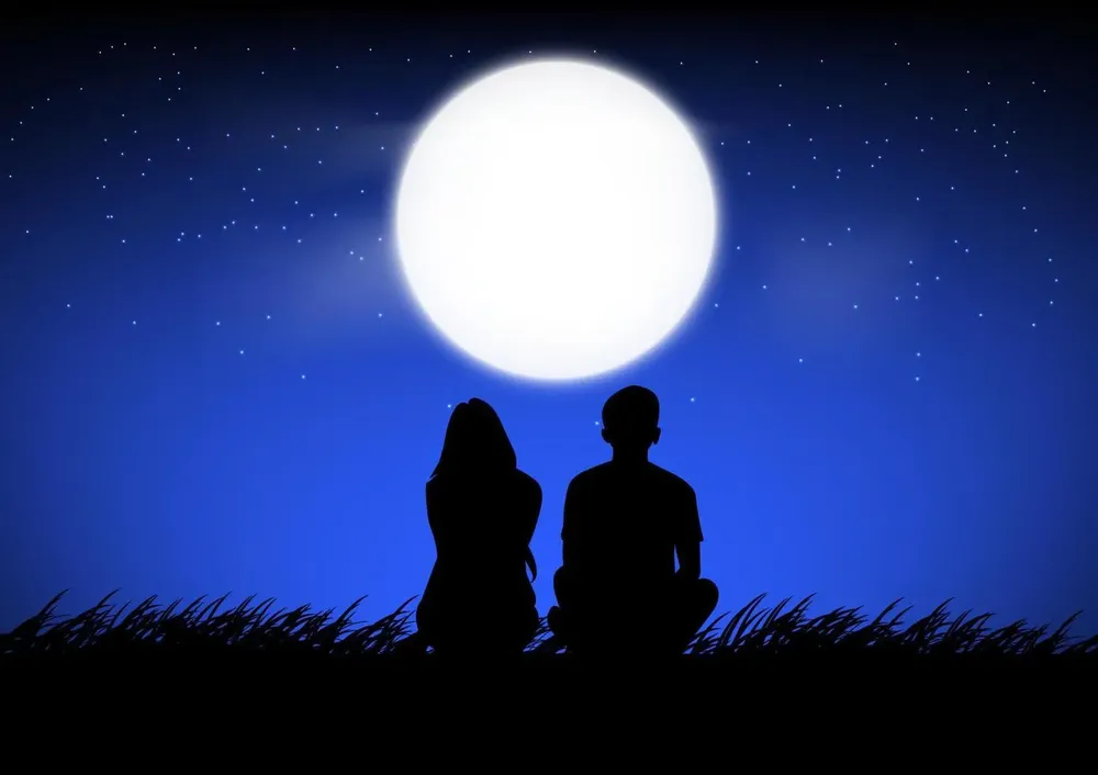 silhouette-image-a-couple-man-and-woman-sitting-with-moon-on-sky-at-night-time-design-illustration-vector
